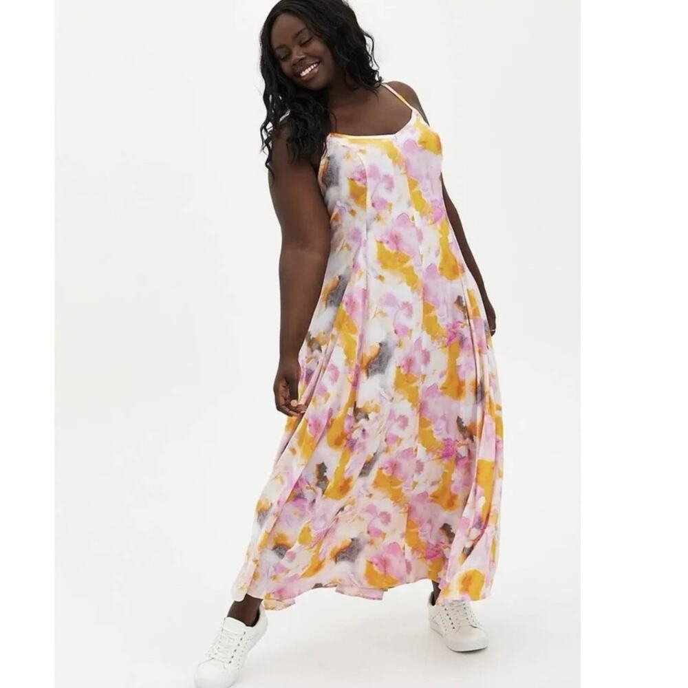 NWT TORRID Pink Yellow Watercolor Tie Dye Maxi Challis Trapeze Dress Plus Size 1